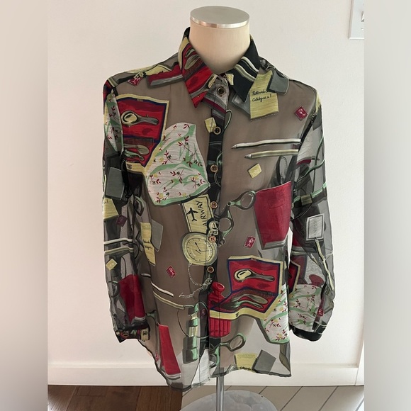 The Silver Connection Tops - The Silver Connection Sheer Button Down with Travel Motifs